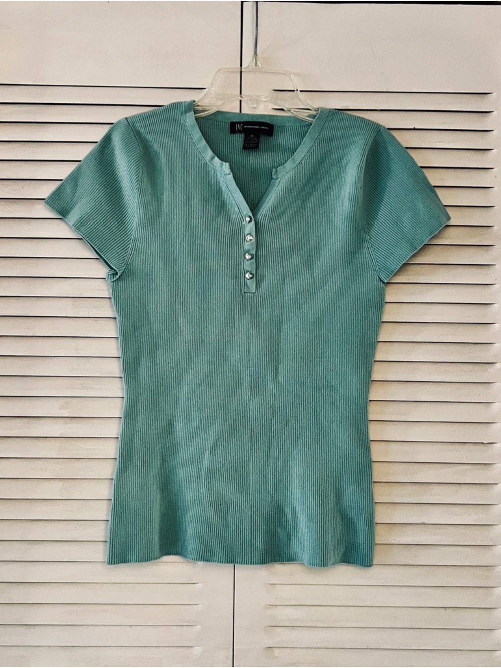 I.N.C. International Concepts Ribbed Short Sleeve Henley Top - Seafoam Green